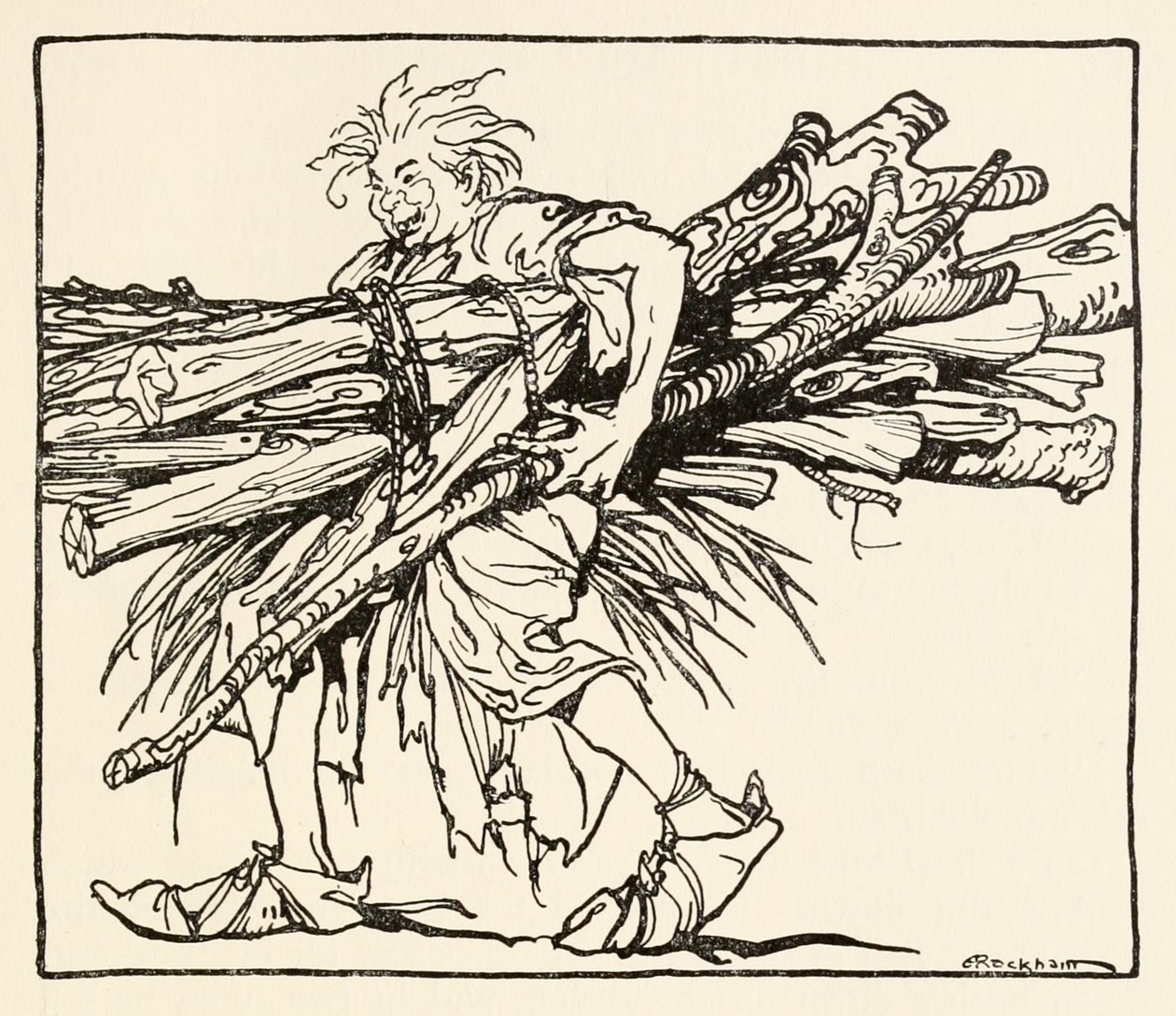 Carl bygger et tilfluktsrom for natten, fra The Carl of the Drab Coat i Irish Fairy Tales av Arthur Rackham