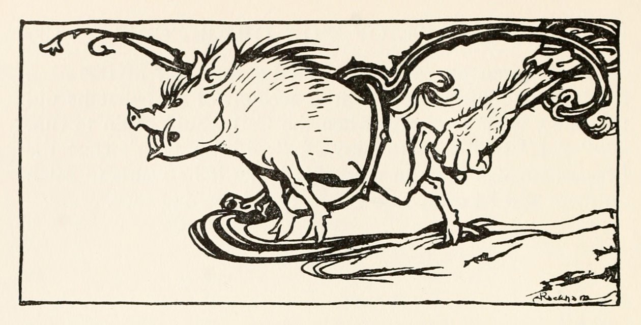 Carl fanger et villsvin til kveldsmat, fra The Carl of the Drab Coat i Irish Fairy Tales av Arthur Rackham