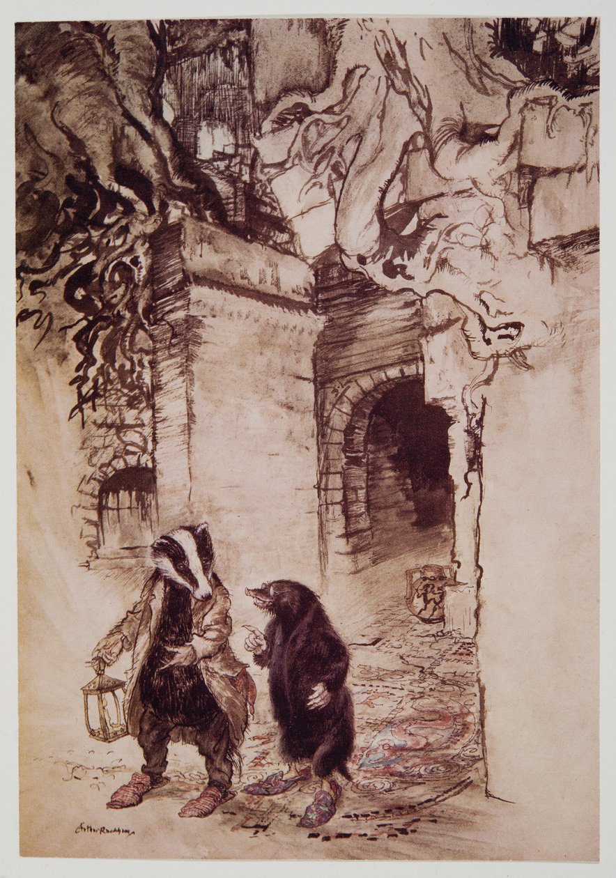 Da de krysset hallen, passerte de ned en av de viktigste tunnelene, fra Wind in the Willows av Kenneth Grahame (1859 - 1932), pub. 1940 av Arthur Rackham