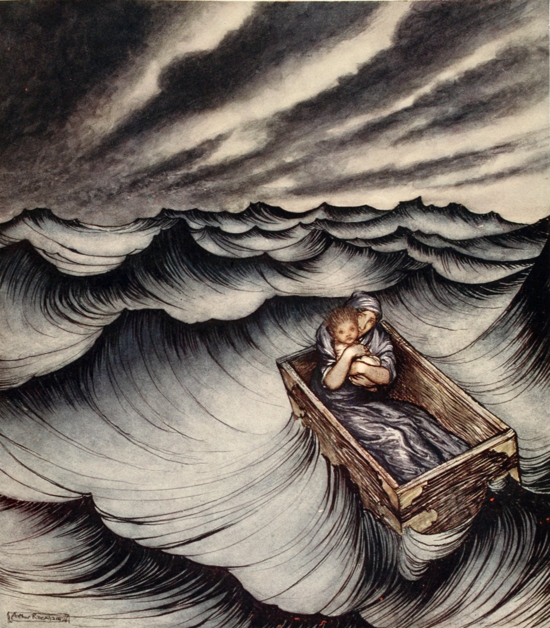 Danae klappet barnet sitt tett, illustrasjon fra 'A Wonder Book for Girls and Boys' av Nathaniel Hawthorne av Arthur Rackham