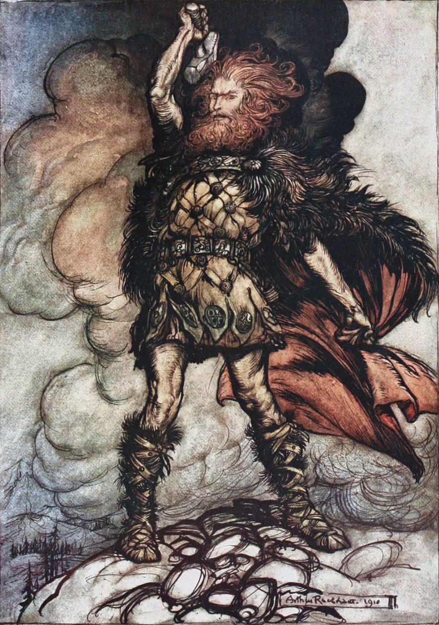 Donner, din herre, tilkaller sine verter! Illustrasjon for The Rhinegold and The Valkyrie av Richard W av Arthur Rackham