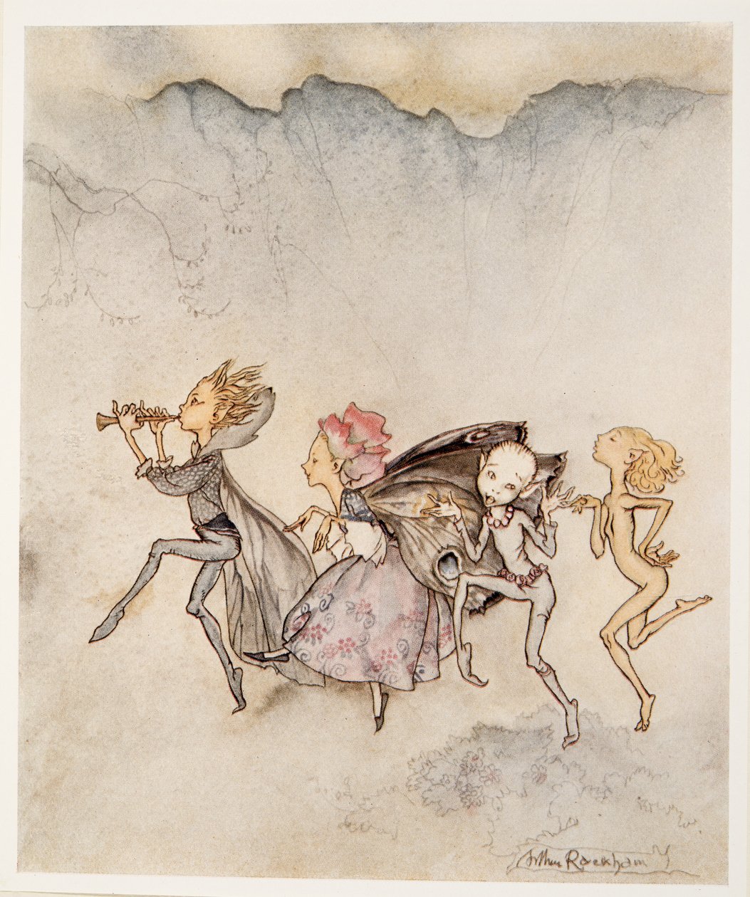 Hver og en, snubler på tåen, vil være her med mopp og klipp, illustrasjon fra William Shakespeares The Tempest, pub. 1926 av Arthur Rackham