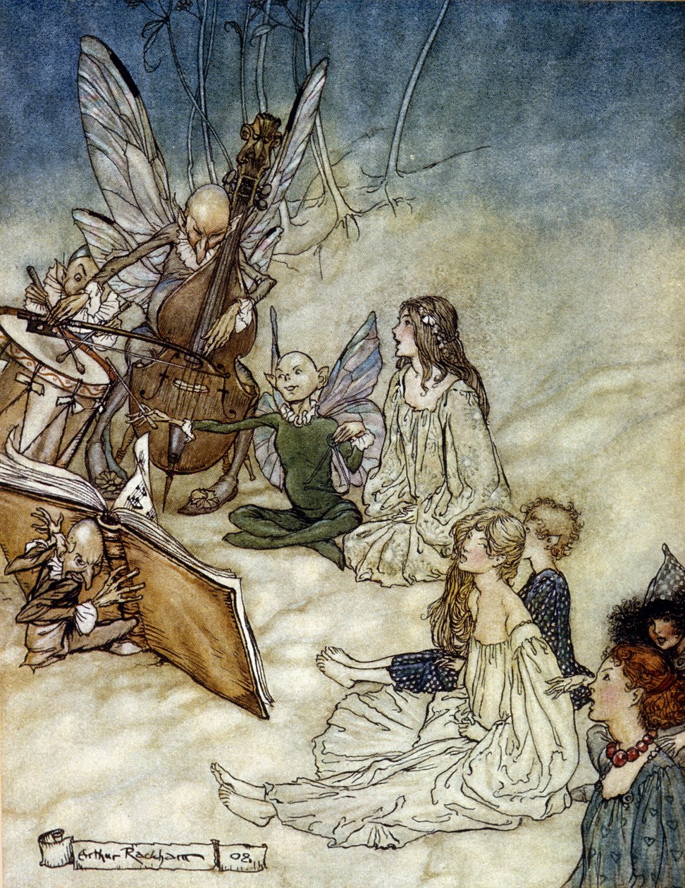 Elves Playing Music Illustrasjon av Arthur RACKHAM (1867-1939) for The Dream of a Summer Night av William SHAKESPEARE av Arthur Rackham