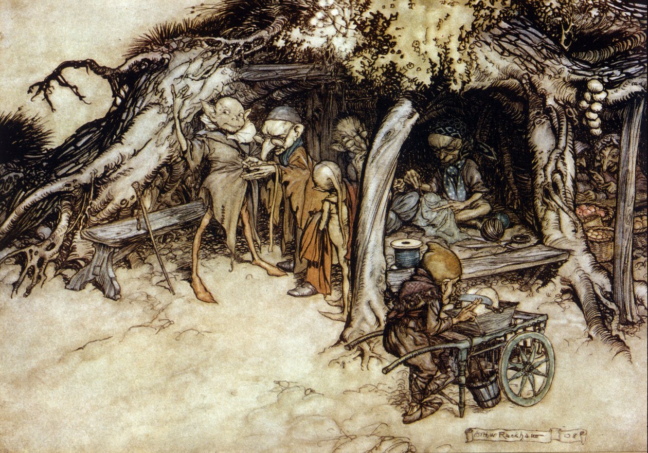 Alver lager en jakke, Illustrasjon av Arthur RACKHAM (1867-1939) for The Dream of a Summer Night av William SHAKESPEARE av Arthur Rackham