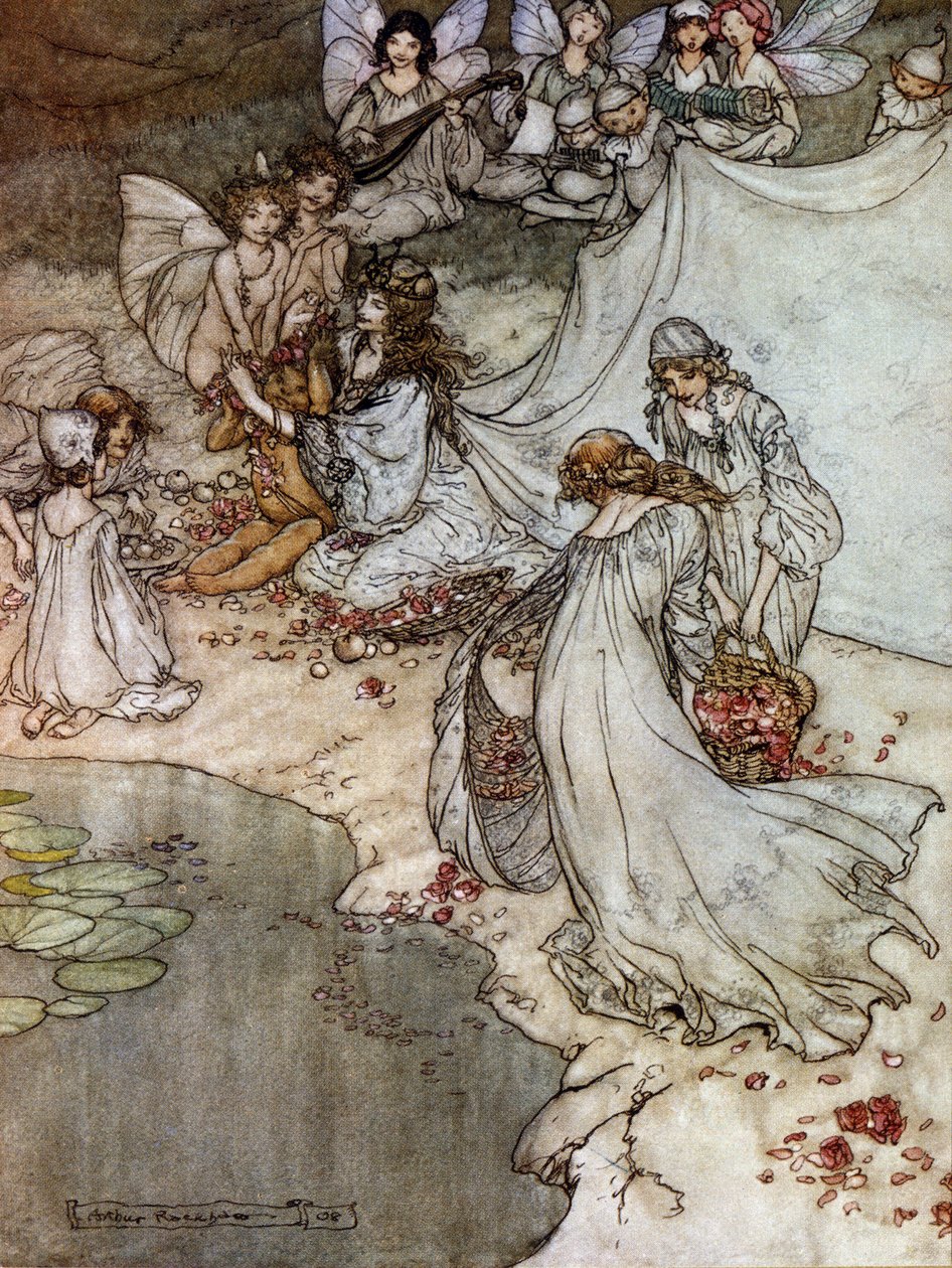 Alver som lager rosenkjeder. Illustrasjon av Arthur RACKHAM (1867-1939) for Drømmen om en sommernatt av William SHAKESPEARE av Arthur Rackham