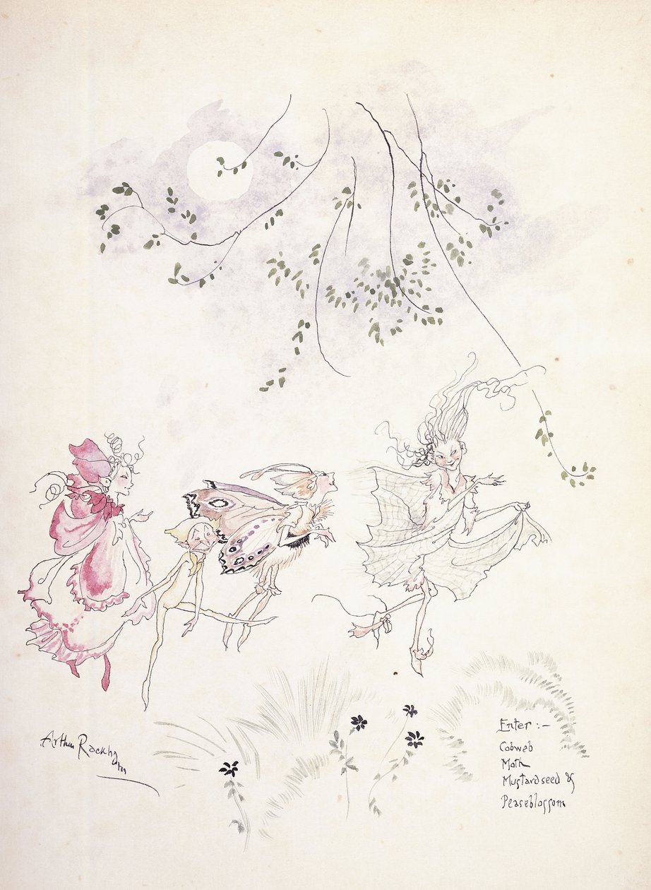 Gå inn: spindelvev, møll, sennepsfrø og erteblomst. Illustrasjon for Shakespeares "A Midsummer"s-Night Dream", ca. 1908 av Arthur Rackham