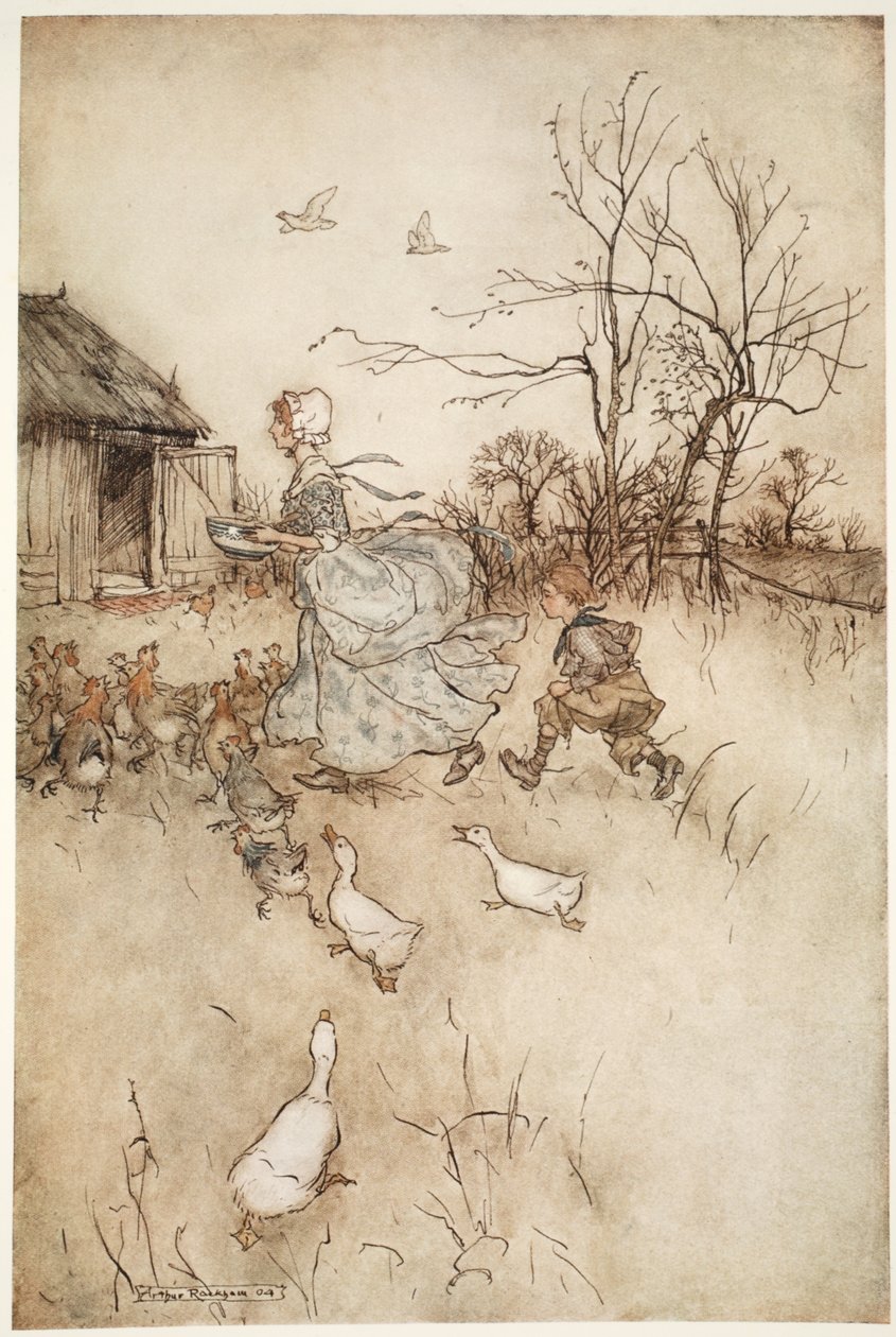 Utstyrt i et par av farens avstøpte galligaskinn som han hadde like mye reklame å holde oppe som en fin dame trener i dårlig vær., fra Rip Van Winkle av Washington Irving, pub. 1910 (farge li av Arthur Rackham