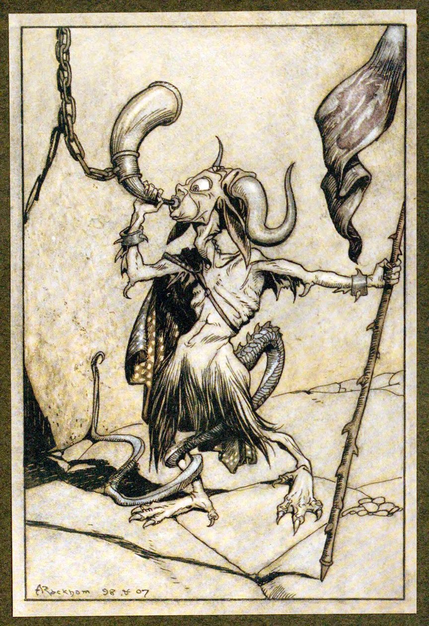 Før hornet ved porten til Barbican Tower ble blåst med en høy tjue-trompeterkraft, 1907 av Arthur Rackham