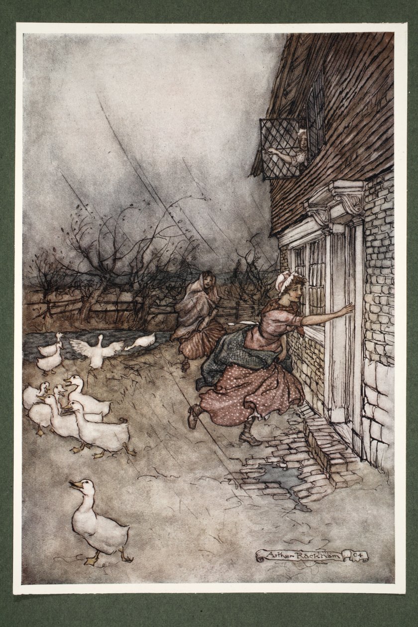 Selv den dag i dag hører de aldri et tordenvær om Kaatskillen, men de sier at Hendrick Hudson og mannskapet hans er i gang med nipins., fra Rip Van Winkle av Washington Irving, pub. 1910 (farge av Arthur Rackham