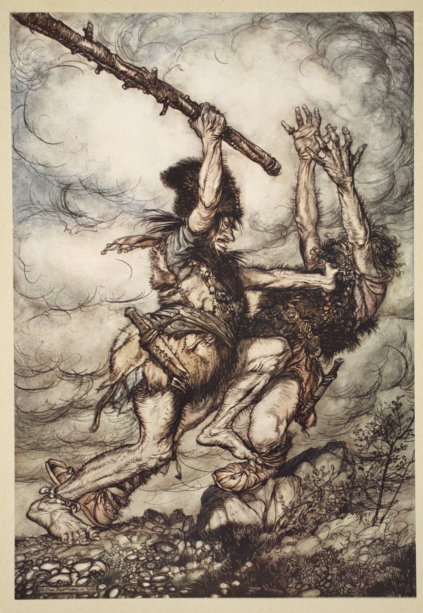 Fafner dreper Fasolt, illustrasjon fra 'The Rhinegold and the Valkyrie', 1910 av Arthur Rackham