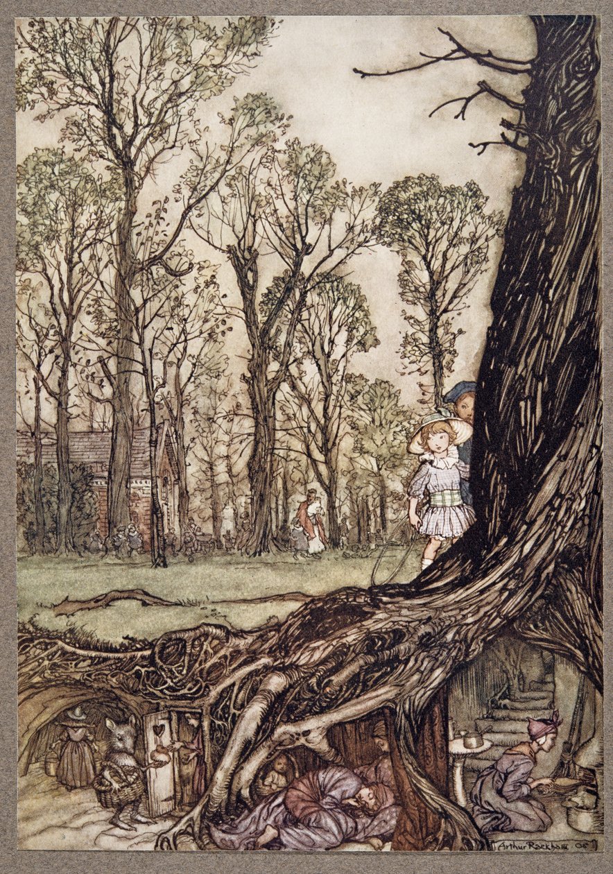 Feer er alle mer eller mindre i skjul til skumringen, fra Peter Pan i Kensington Gardens av J M Barrie (1860 - 1937), pub. 1906 av Arthur Rackham