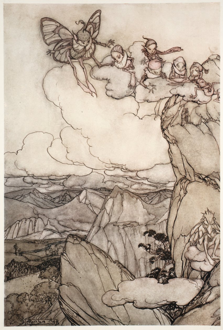 Fairies in mountains, fra Rip Van Winkle av Washington Irving, pub. 1910 av Arthur Rackham
