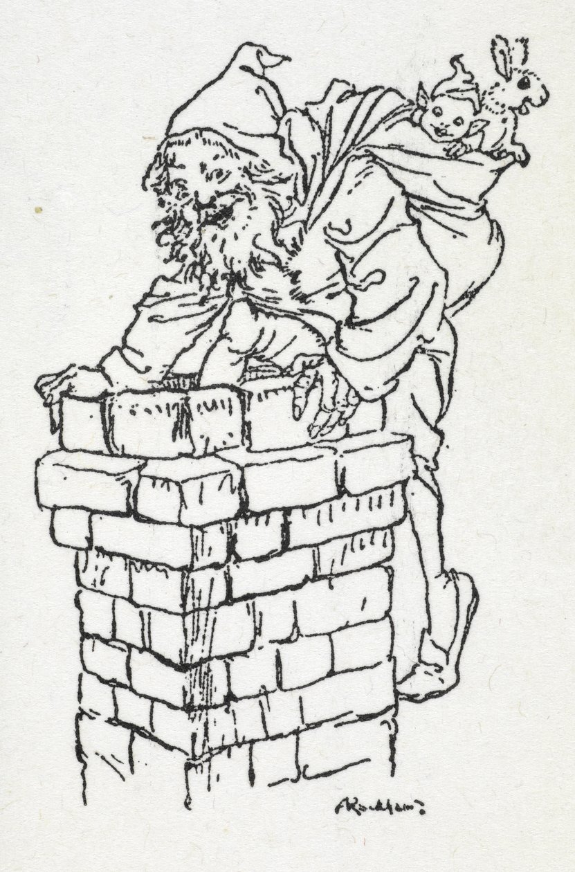 Julenissen klatrer ned en skorstein med en sekk med gaver av Arthur Rackham
