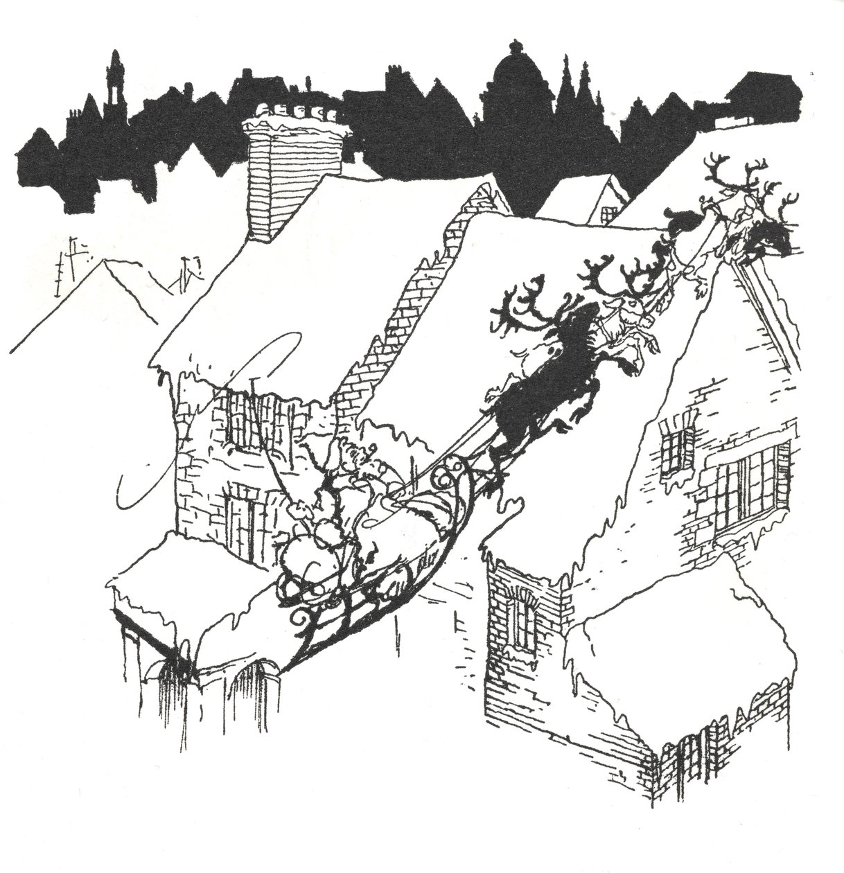 Julenissen i sleden sin som flyr over snødekte hustak av Arthur Rackham