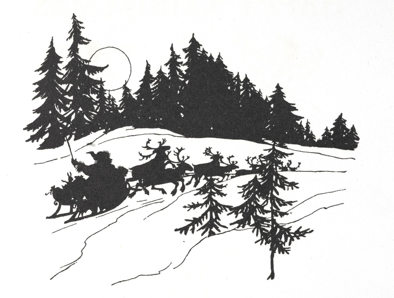 Julenissen reiser gjennom en snødekt skog på sleden sin av Arthur Rackham