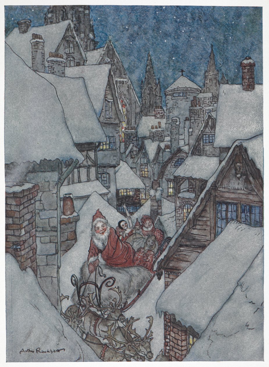 Julenissen reiser gjennom snødekte gater på sleden sin av Arthur Rackham