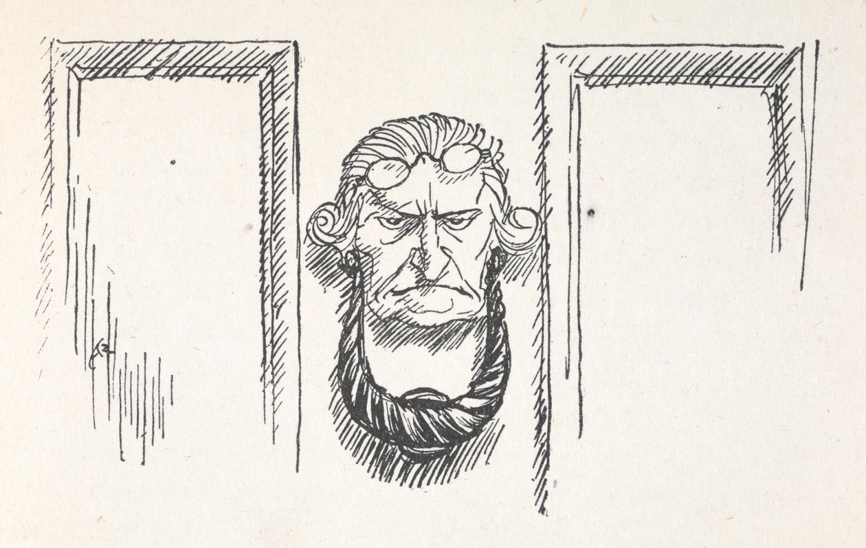 Inngangsdørbank med ansiktet til Scrooge av Arthur Rackham