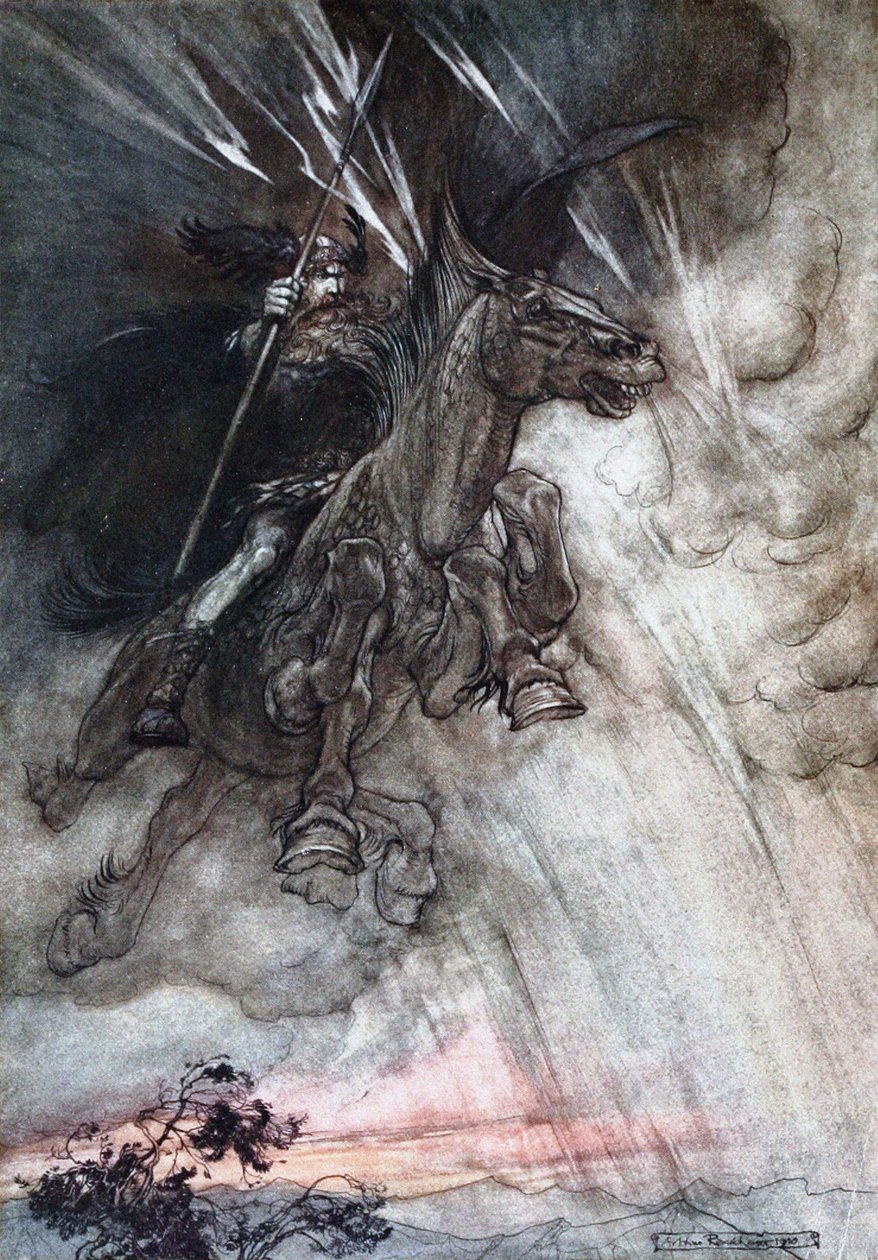 Rasende rir Wotan til fjellet. Illustrasjon for Rhinegold og Valkyrien av Richard av Arthur Rackham