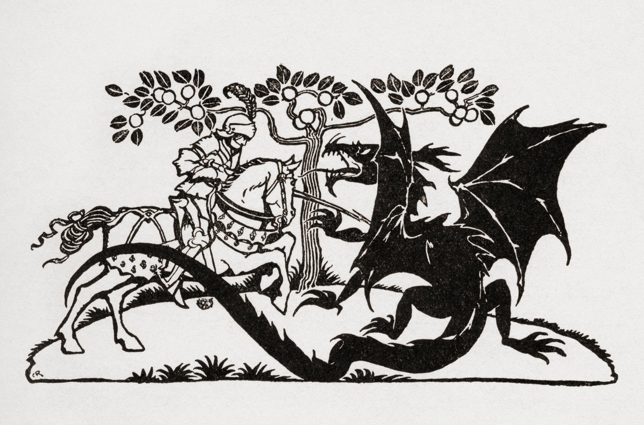 George og dragen. Fra boken English Fairy Tales gjenfortalt av F.A. Steel med illustrasjoner av Arthur Rackham, utgitt 1927. av Arthur Rackham