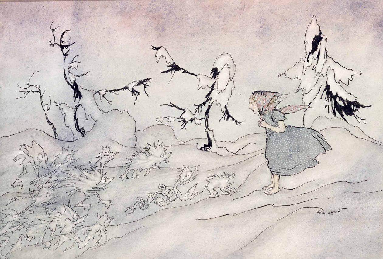 Gerda er livredd for snødronningens fremvakt, men hun sa Fader vår og blir reddet av små lyse engler, illustrasjon fra Snødronningen av Hans Christian Andersen, utgitt 1932 (wc & i) av Arthur Rackham