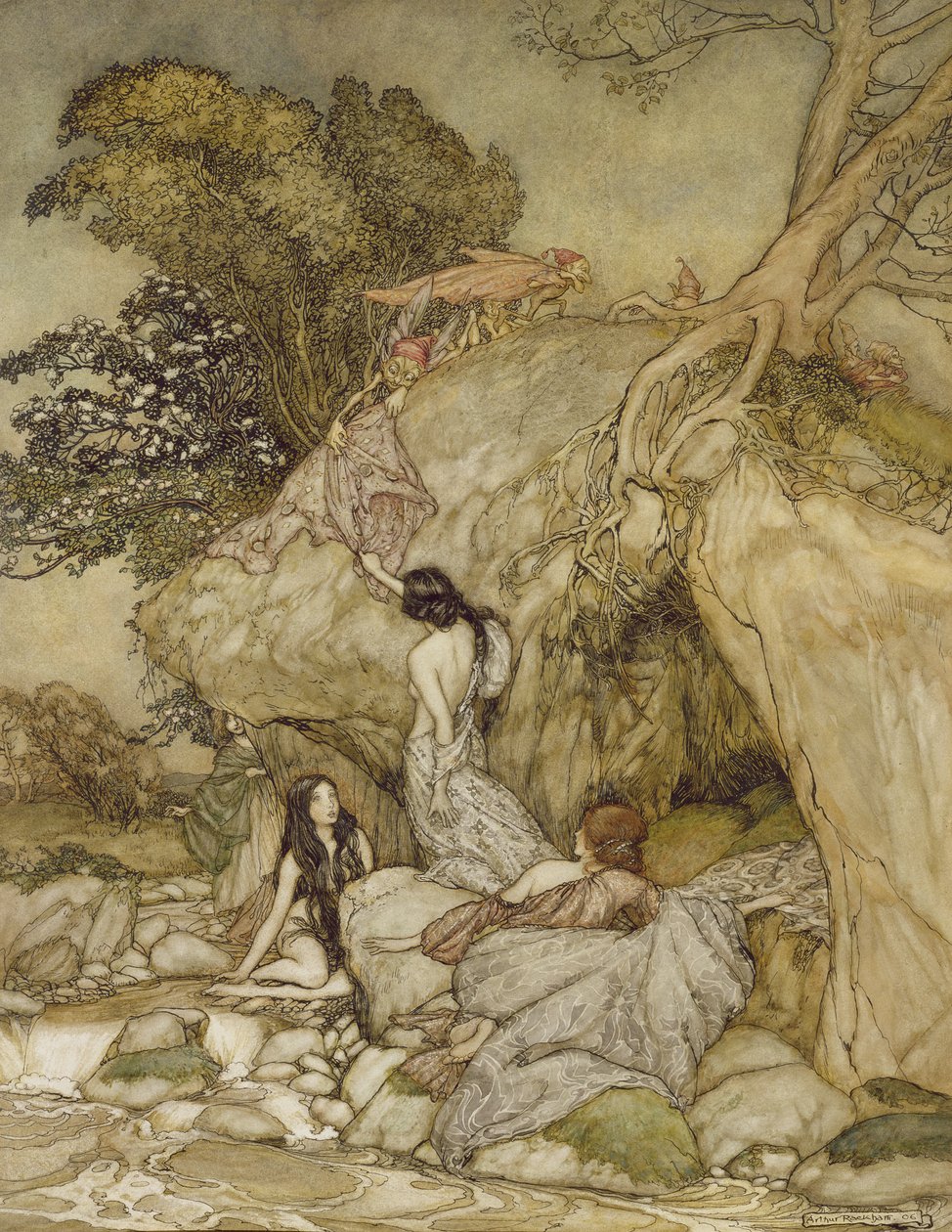 Girls by a Stream, 1906 (penn, blekk og wc) av Arthur Rackham