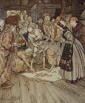 "Gullbiter falt ned på kluten" illustrasjon til "Vaskebord, gyllen rumpa og kos" fra Fairy Tales of the Brothers Grimm av Arthur Rackham