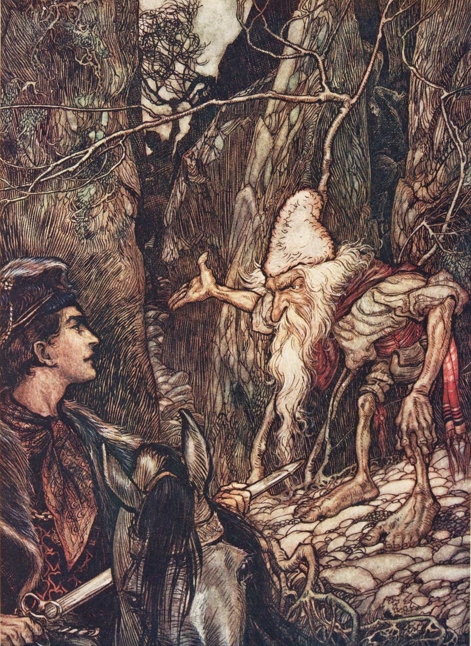 Gode dverg, kan du ikke fortelle meg hvor brødrene mine er? fra The Fairy Tales of the Brothers Grimm, pub. 1909 av Arthur Rackham