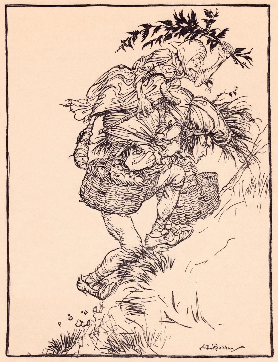 Han stønner konstant og klatret opp på fjellet. Illustrasjon av Arthur Rackham fra Grimm