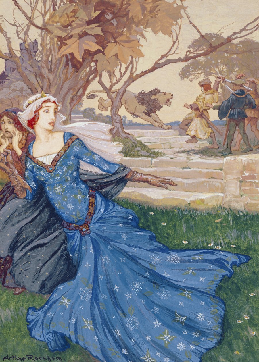 Guinevere reddet av La Cote Male Taile, illustrasjon fra A Collection of Stories from Old Fairy Tales: Grimm, Andersen and Stories of King Arthur, utgitt 1905 (kroppsfarge på papir) av Arthur Rackham