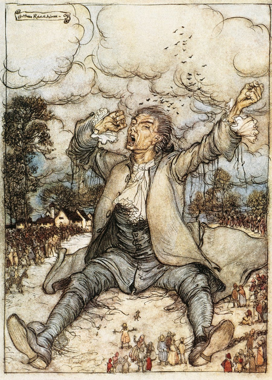 Gulliver våkner i Lilliput, illustrasjon fra Gulliver