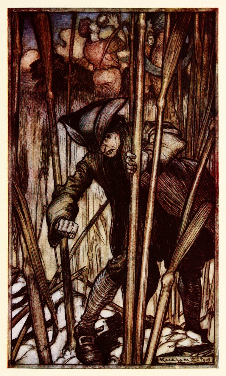 Gulliver blir slått av frykt ved første blikk for de Brobdingnagian-høster fra del II: A Voyage to Brobdingnag i Gullivers Travels av Jonathan Swift av Arthur Rackham