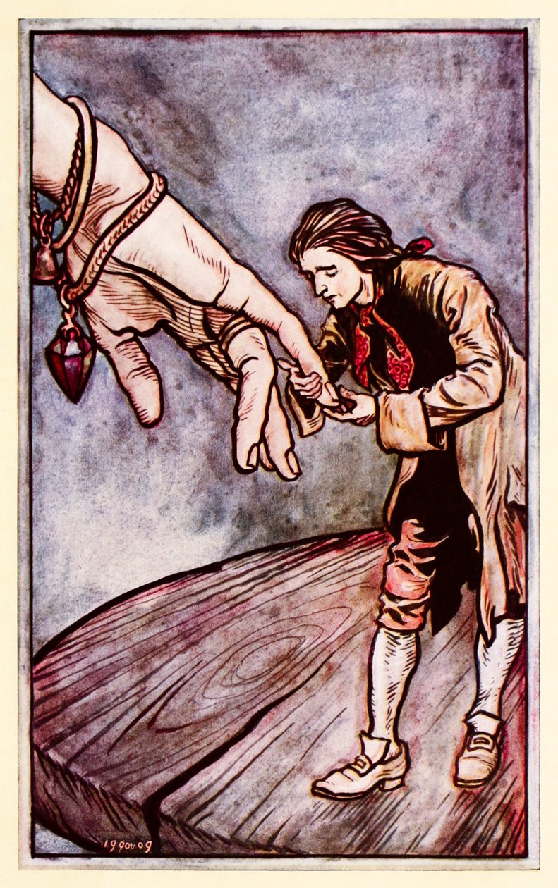 Gulliver kysser dronningen av Brobdingnagian-hånden fra del II: A Voyage to Brobdingnag i Gullivers Travels av Jonathan Swift av Arthur Rackham