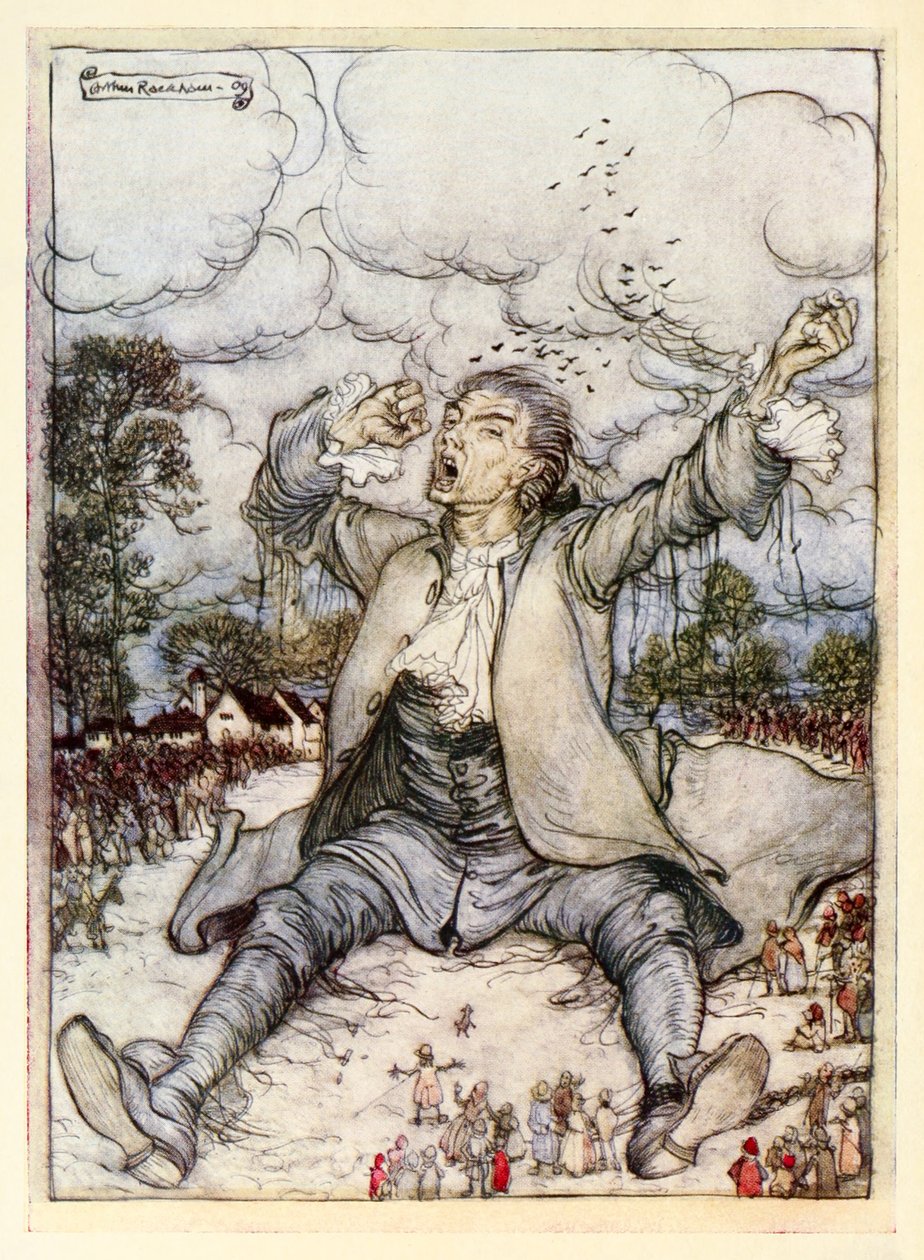 Gulliver løsnet fra strengene hever og strekker seg fra del I: A Voyage to Lilliput i Gullivers Travels av Jonathan Swift av Arthur Rackham
