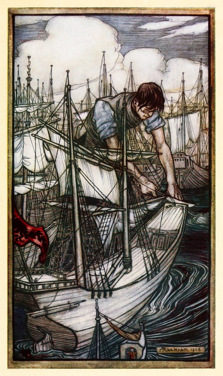 Gulliver griper fiendens flåte fra del I: A Voyage to Lilliput in Gullivers Travels av Jonathan Swift av Arthur Rackham