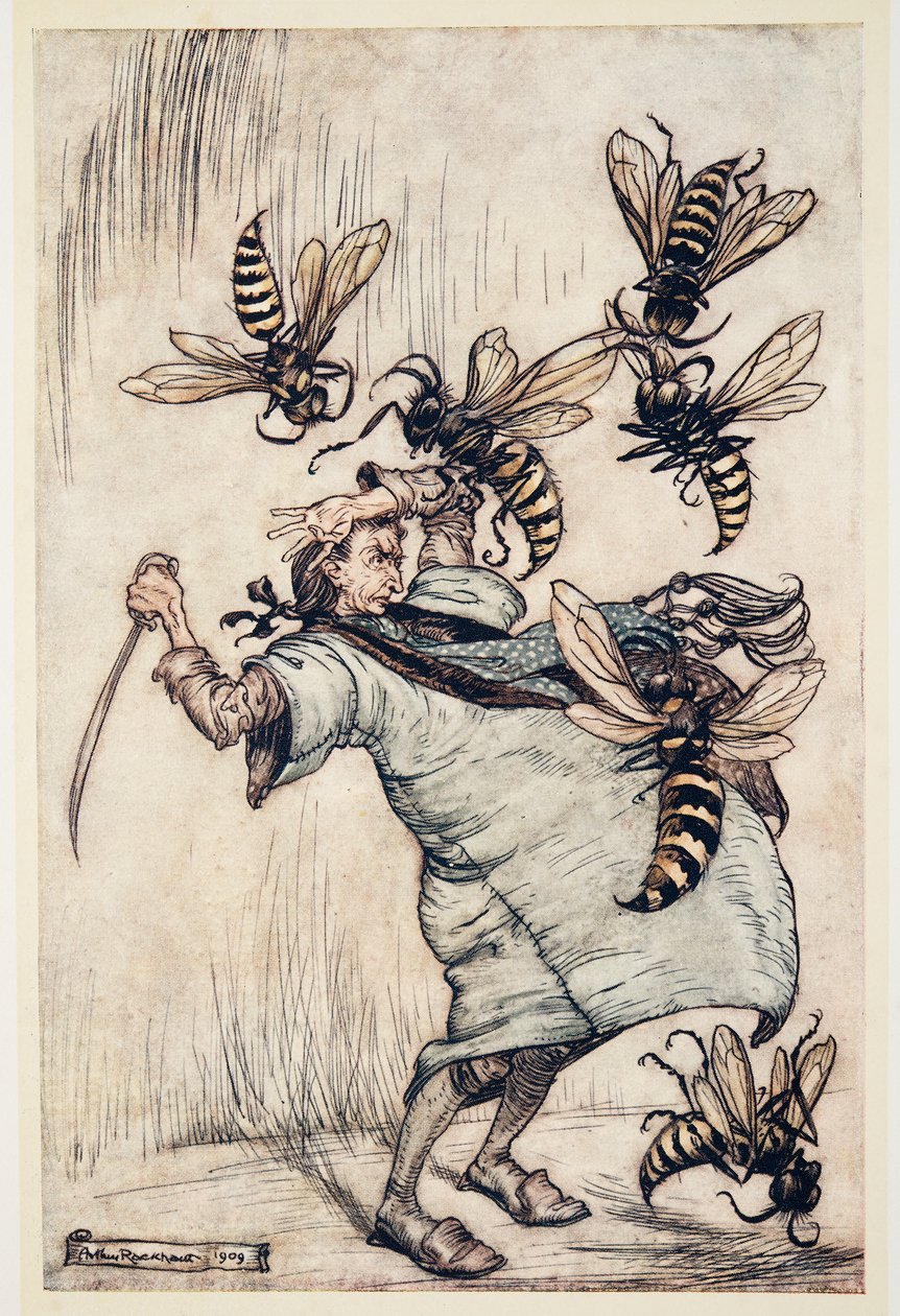 Gulliver's Combat with The Wasps, fra Gulliver's Travels av Jonathon Swift (1667 - 1745), pub. 1909 (farge litho) av Arthur Rackham