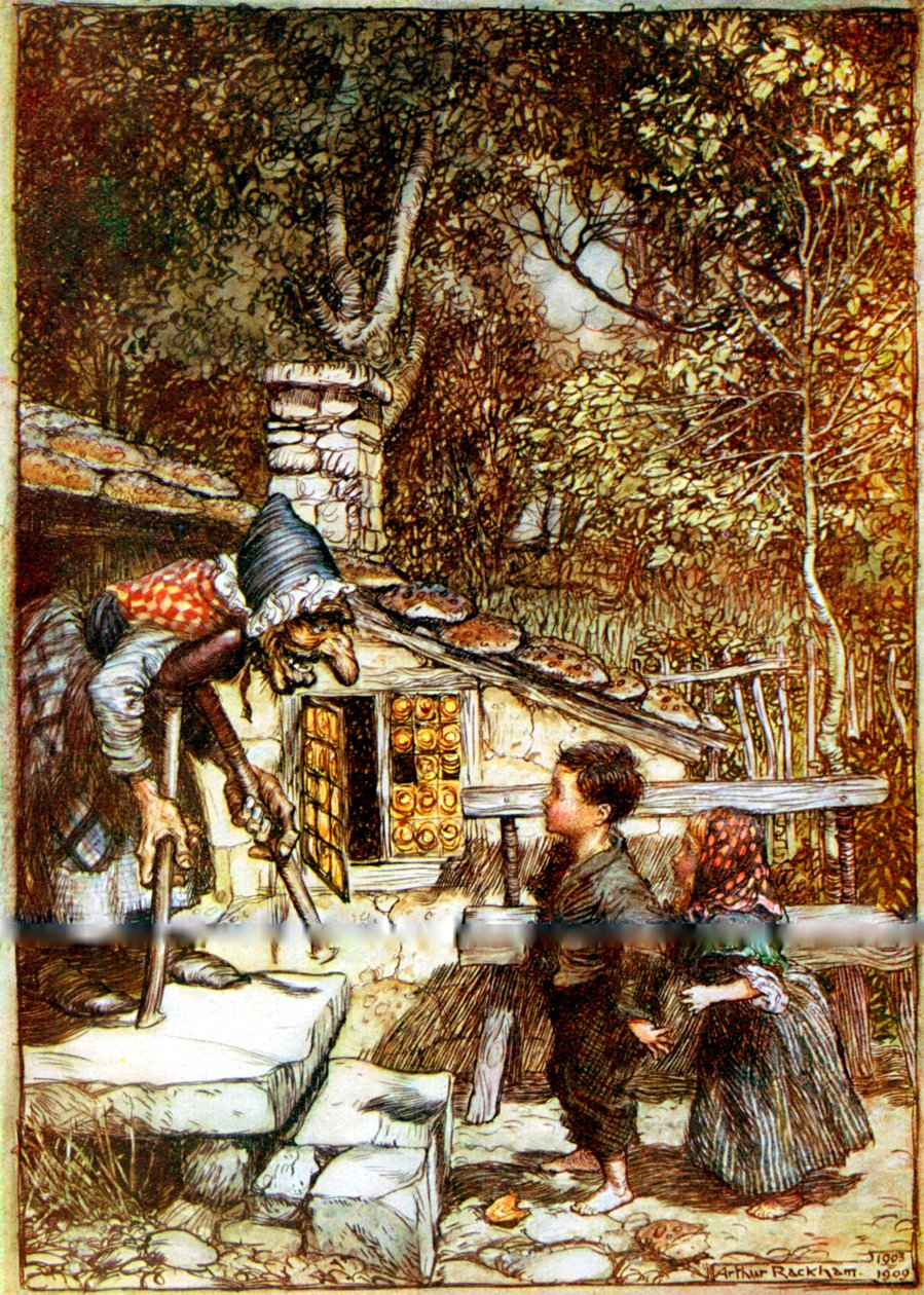 Hans og Grete og heksen på dørstokken til hytta hennes av Arthur Rackham