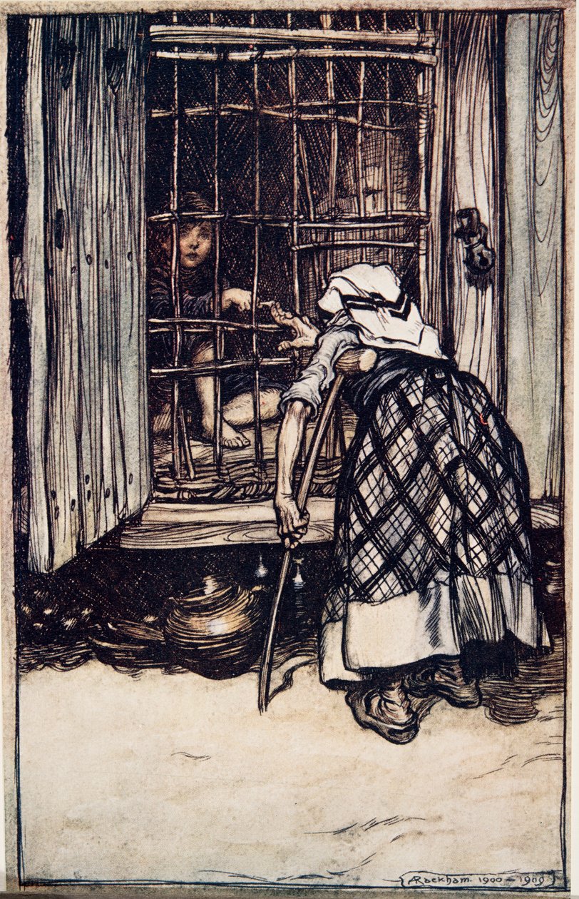 Hansel stakk ut et knokebein, og den gamle kvinnen, hvis øyne var svake, kunne ikke se, og trodde det var fingeren hans, og hun var meget forbauset over at han ikke ble feit ..fra The Fairy Tales of the B av Arthur Rackham