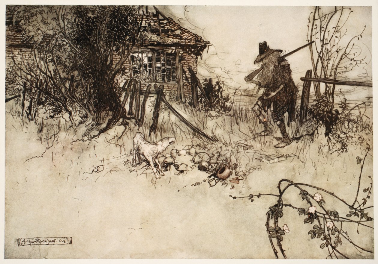 Han fant huset gått i forfall? Hunden min, sukket stakkars Rip, har glemt meg., fra Rip Van Winkle av Washington Irving, pub. 1910 av Arthur Rackham
