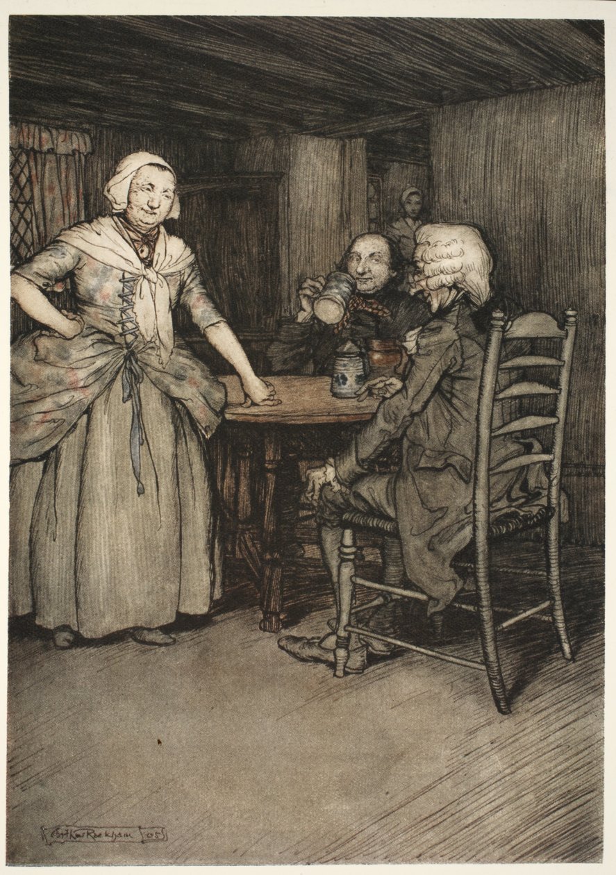 Han fant de gamle borgerne, og enda mer deres koner, rike på den legendariske kjærligheten som var så uvurderlig for sann historie. fra Rip Van Winkle av Washington Irving, pub. 1910 av Arthur Rackham