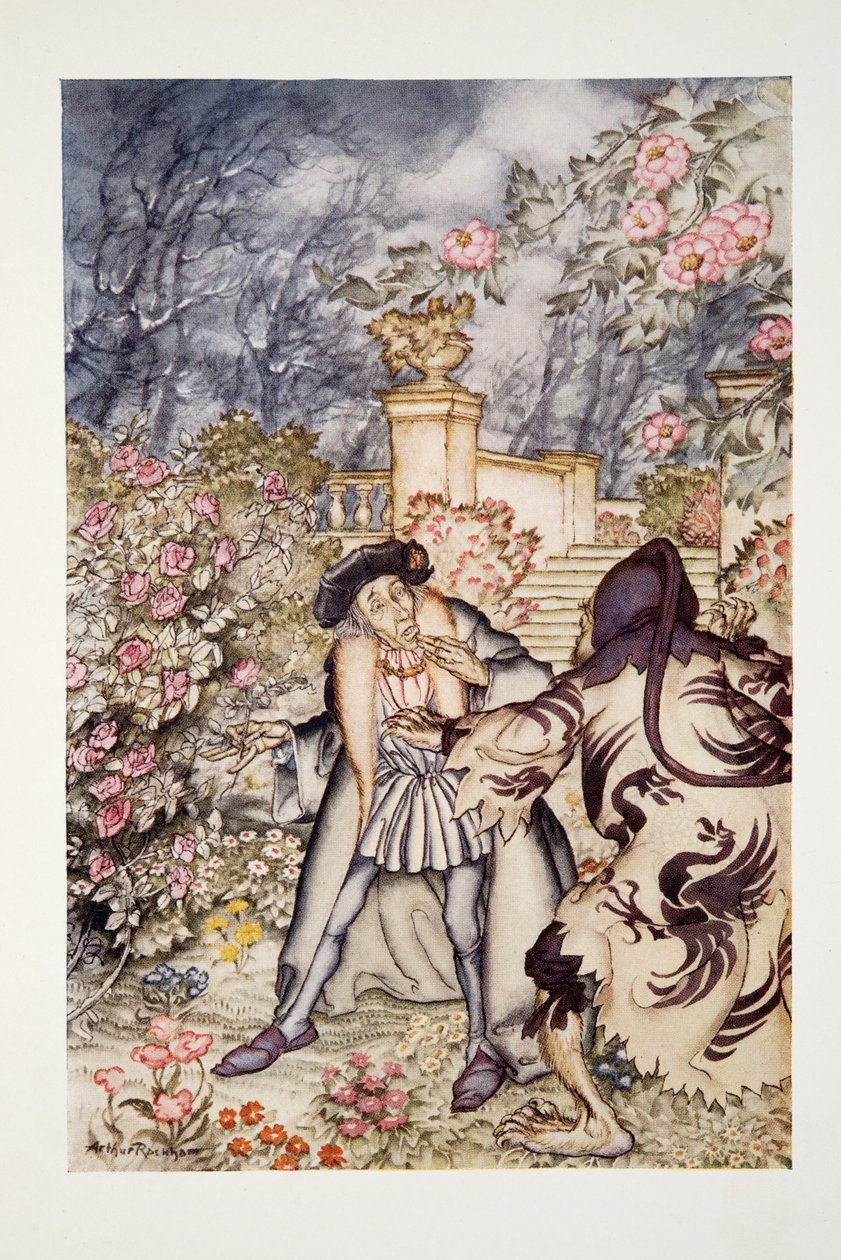 Han hørte en høy lyd, og så et beist komme mot ham, så skummelt å se på at han var klar til å besvime av frykt, fra The Arthur Rackham Fairy Book, pub. 1933 av Arthur Rackham