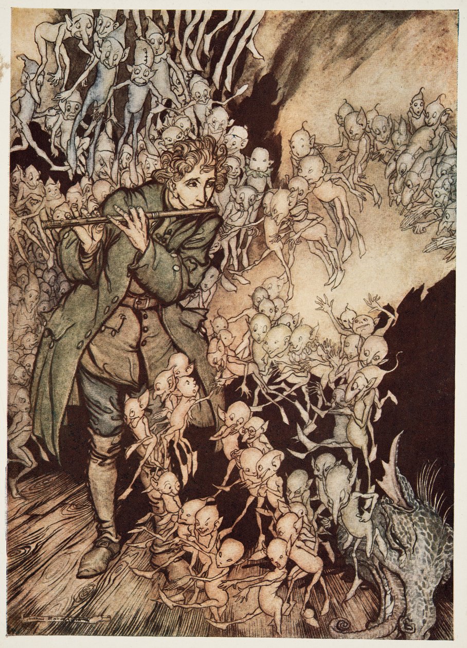 Han spilte til rommet var helt fylt med nisser, fra Little Brother & Little Sister and Other Tales av brødrene Grimm, pub. 1917 av Arthur Rackham