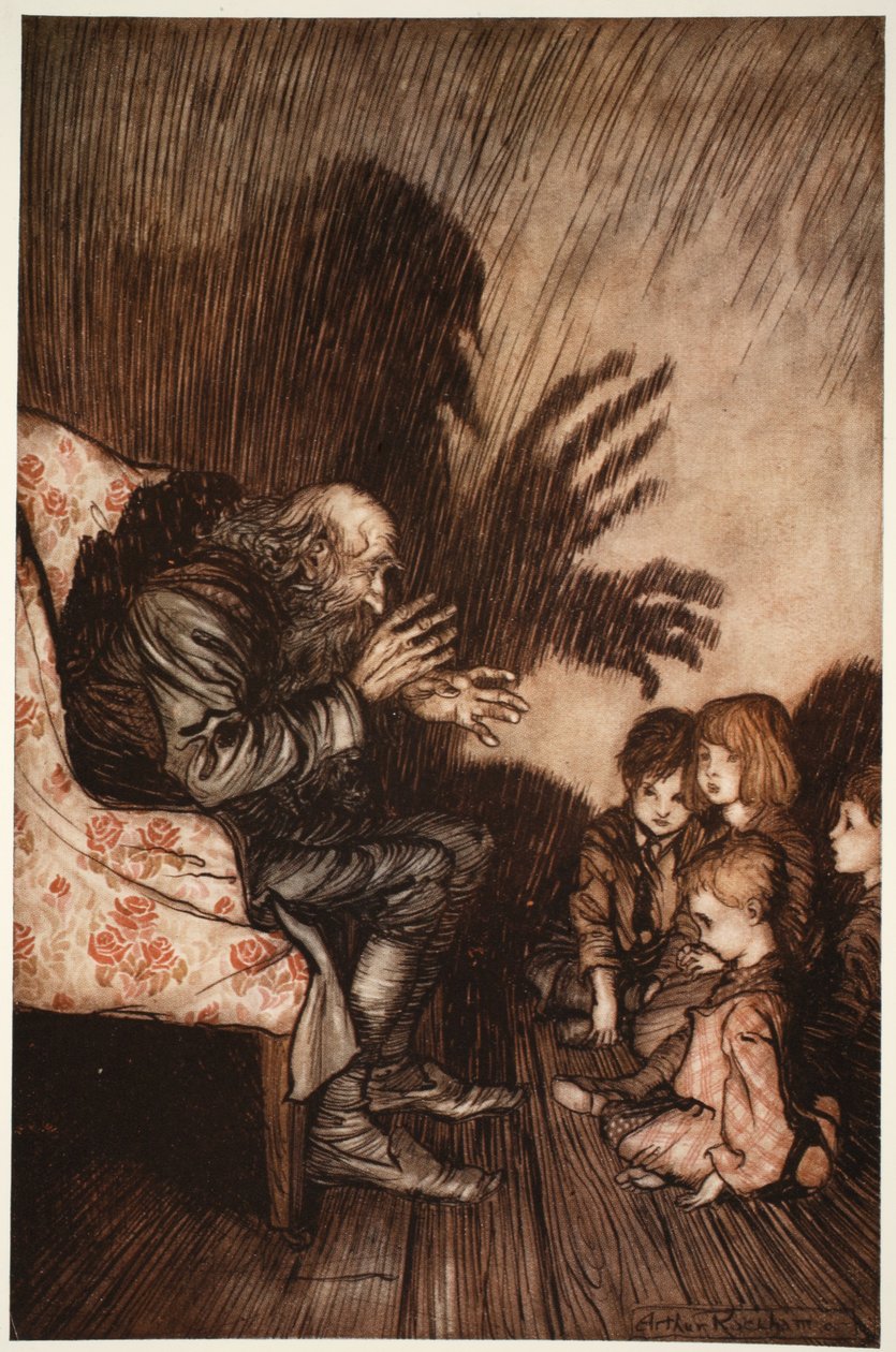 Han foretrakk å få venner blant den oppvoksende generasjonen, som han snart vokste til stor fordel med., fra Rip Van Winkle av Washington Irving, pub. 1910 av Arthur Rackham