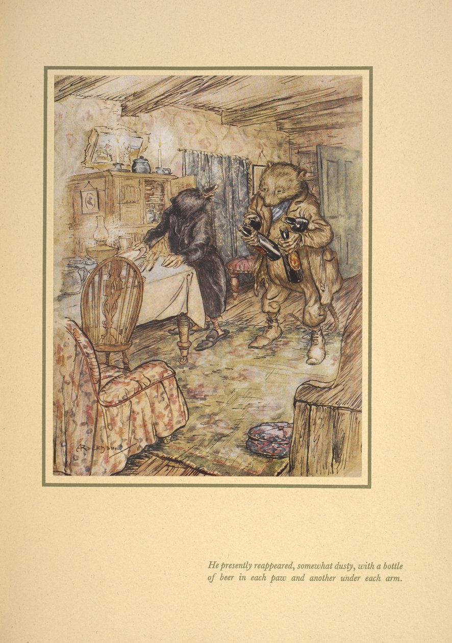 Han dukket snart opp igjen, noe støvete, med en flaske øl i hver øl under hver arm. av Arthur Rackham