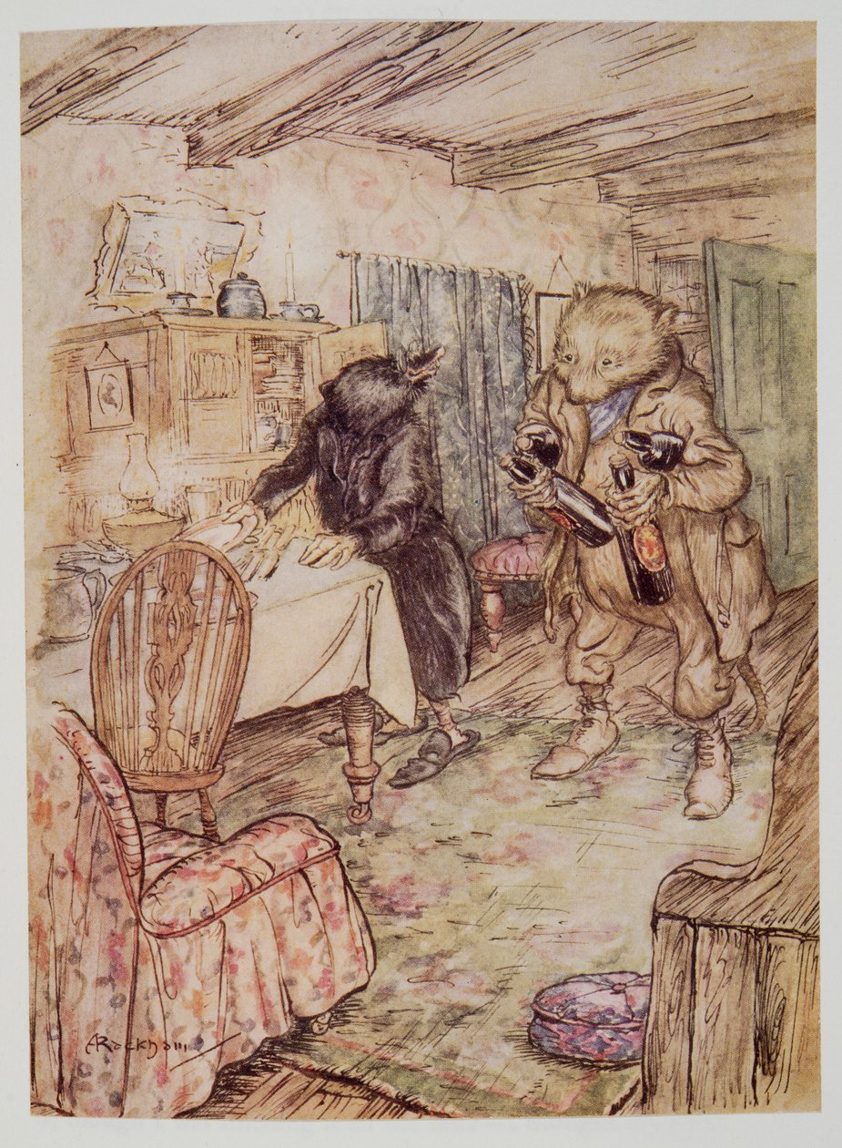Han dukket for øyeblikket opp igjen, noe støvete, med en flaske øl i hver pote og en annen under hver arm, fra Wind in the Willows av Kenneth Grahame (1859 - 1932), pub. 1940 av Arthur Rackham
