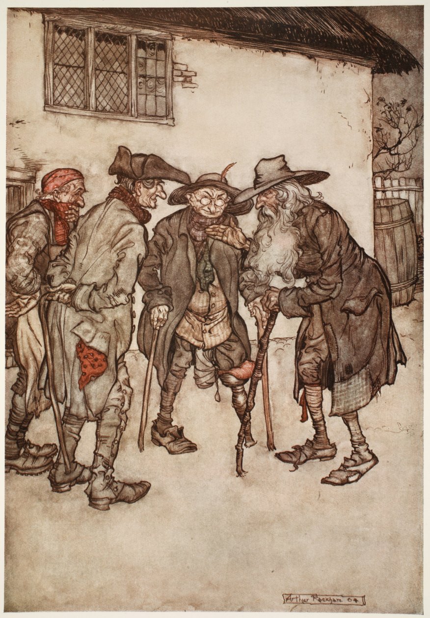 Han fant snart mange av sine tidligere kumpaner, selv om alle desto verre for tidens slitasje., fra Rip Van Winkle av Washington Irving, pub. 1910 av Arthur Rackham
