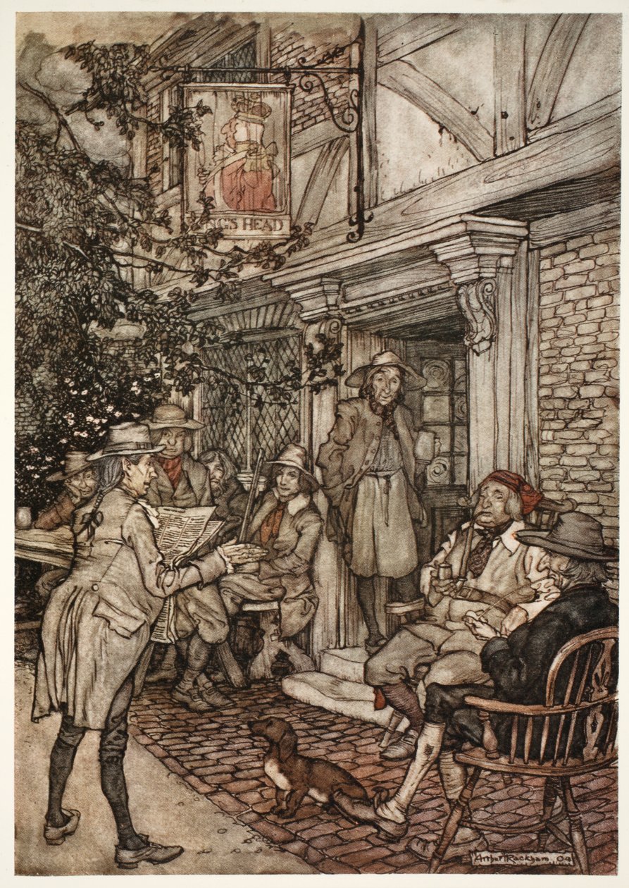 Han pleide å trøste seg ved å besøke en slags evigvarende klubb av vismenn, filosofer og andre ledige personer, som holdt sine sesjoner foran et lite vertshus., fra Rip Van Winkle av Washington av Arthur Rackham