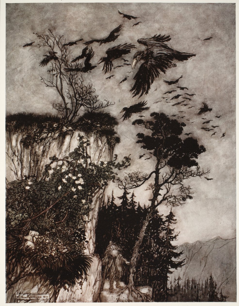 Han ble bare besvart av en flokk ledige kråker., fra Rip Van Winkle av Washington Irving, pub. 1910 av Arthur Rackham