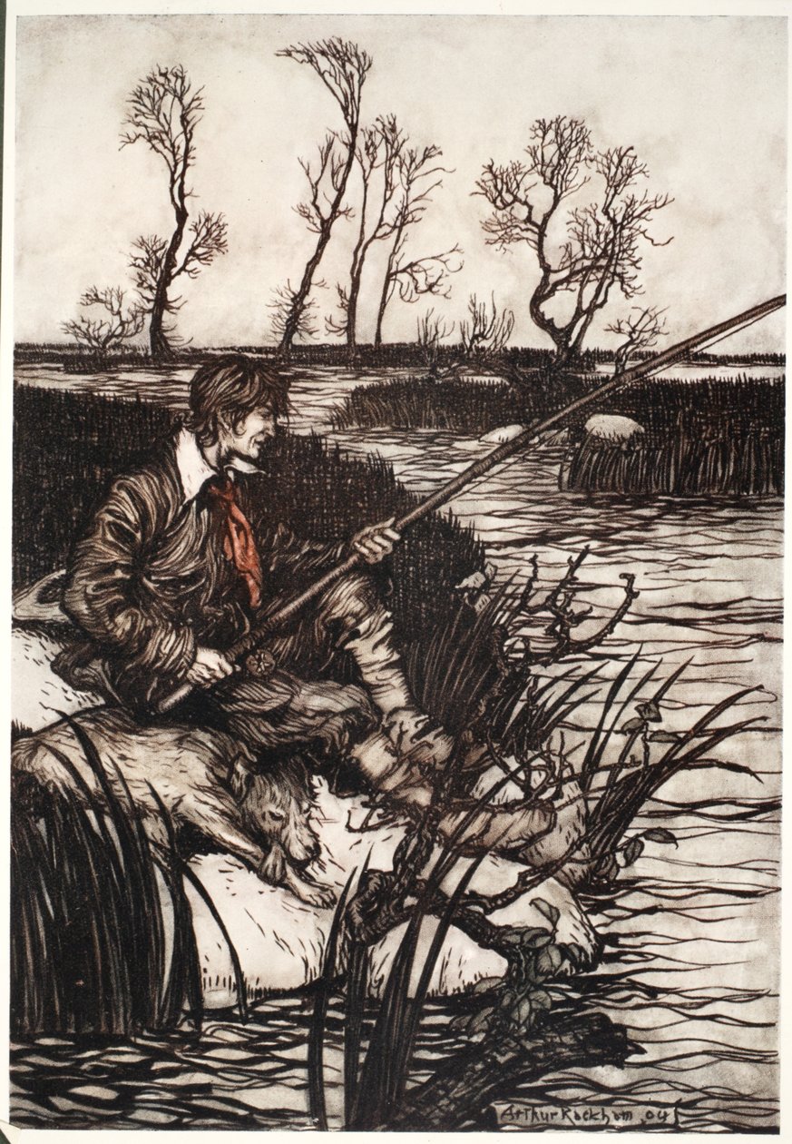 Han satt på en våt stein og fisket hele dagen., fra Rip Van Winkle av Washington Irving, pub. 1910 av Arthur Rackham