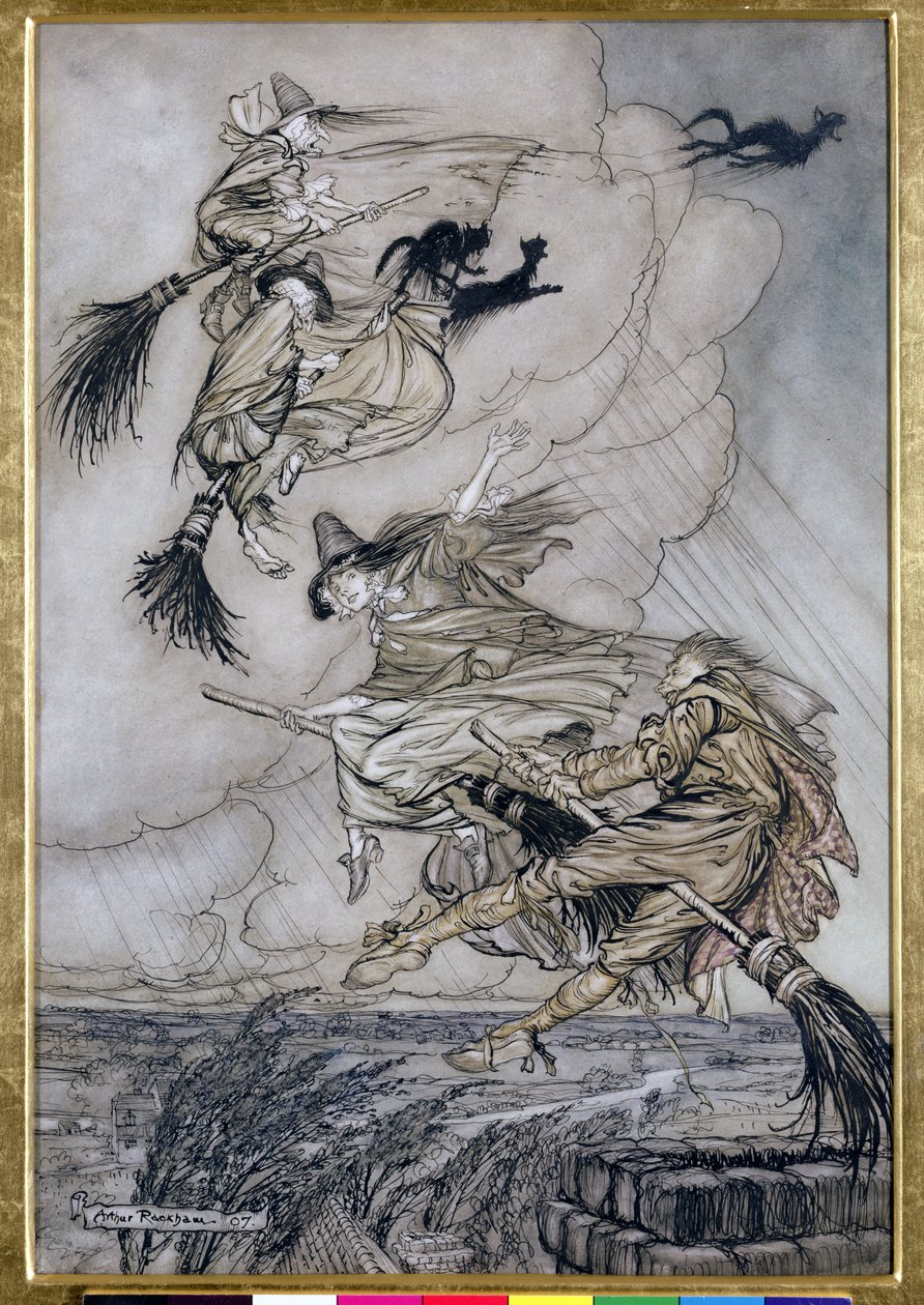Hei! Opp Chimney Lass! Hey After you!, illustrasjon i The Ingoldsby Legends of Mirth and Marvels, 1907 (penn og blekk med wc på papir) av Arthur Rackham