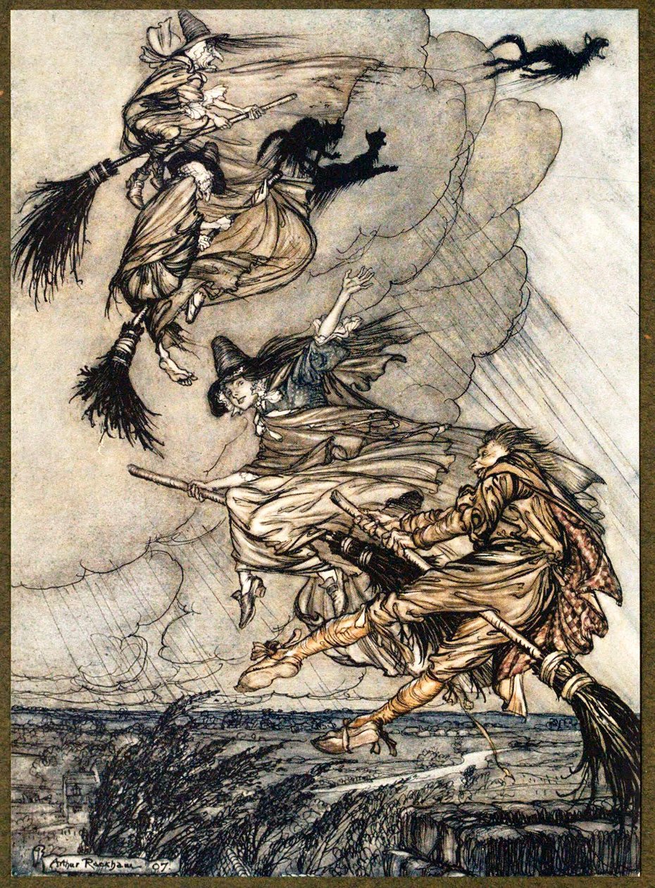 Hei! Opp i skorsteinen, jenta! Hei, etter deg!, fra The Ingoldsby Legends, pub. 1907. av Arthur Rackham